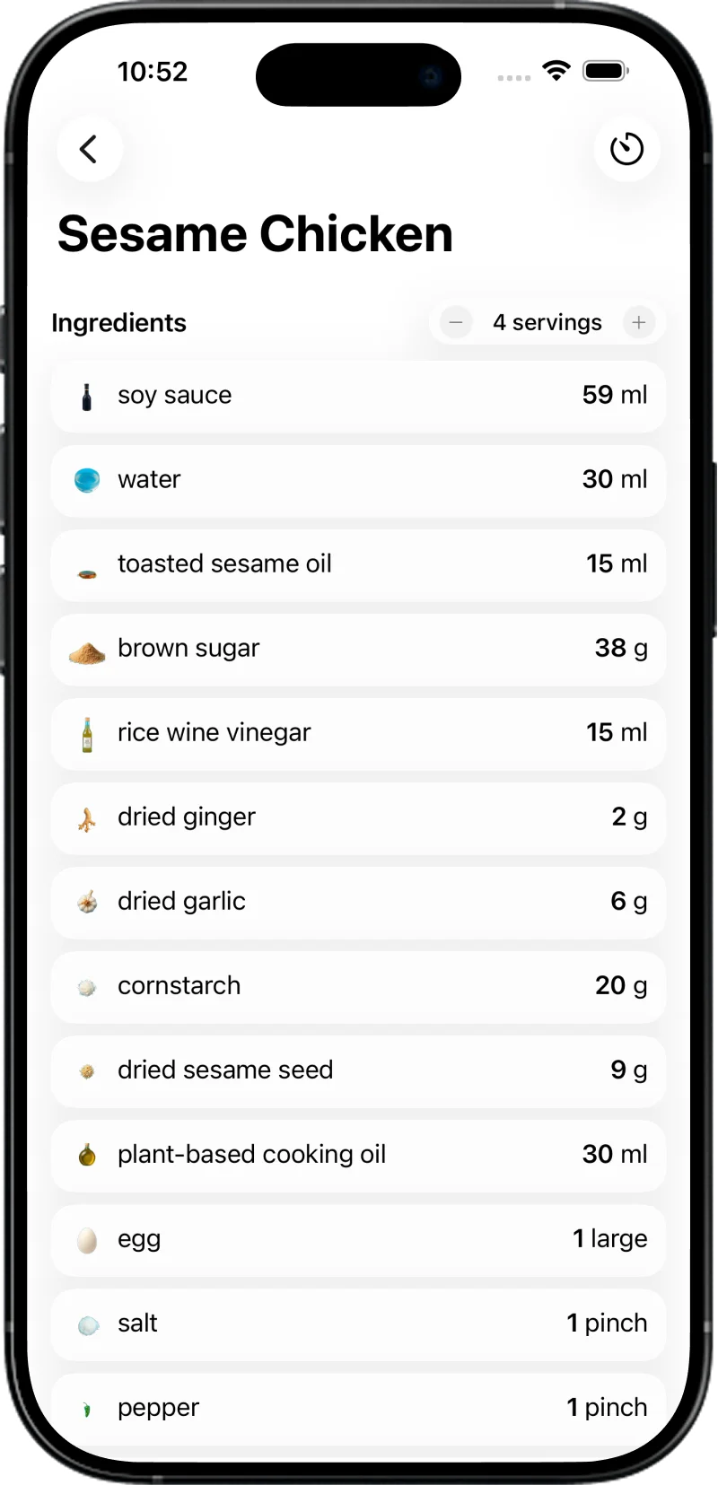 Recipe detail showing ingredients with quantities and servings