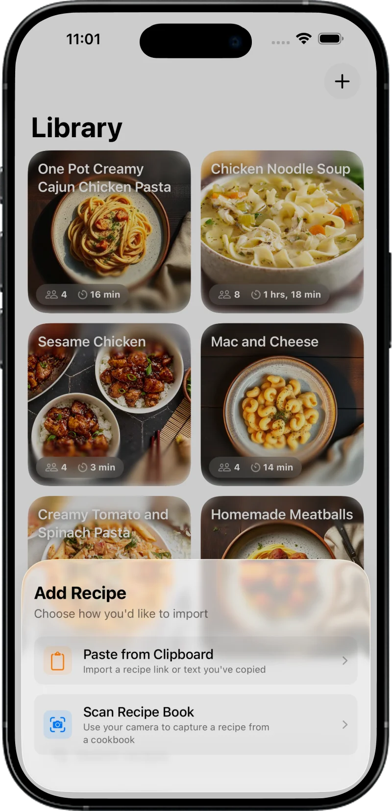 Recipe library with import options, paste or scan