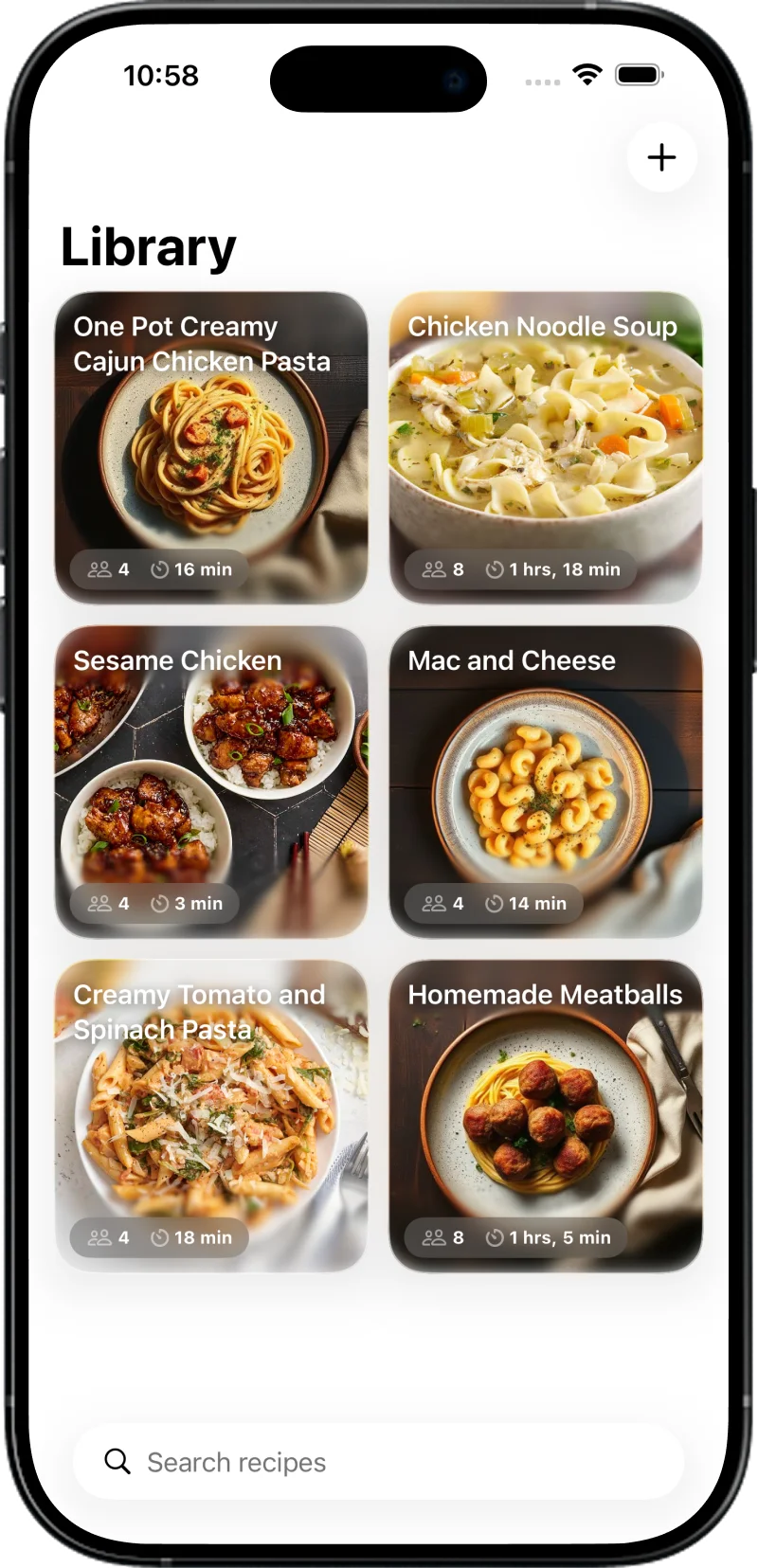 Recipe library grid with saved recipes organized beautifully