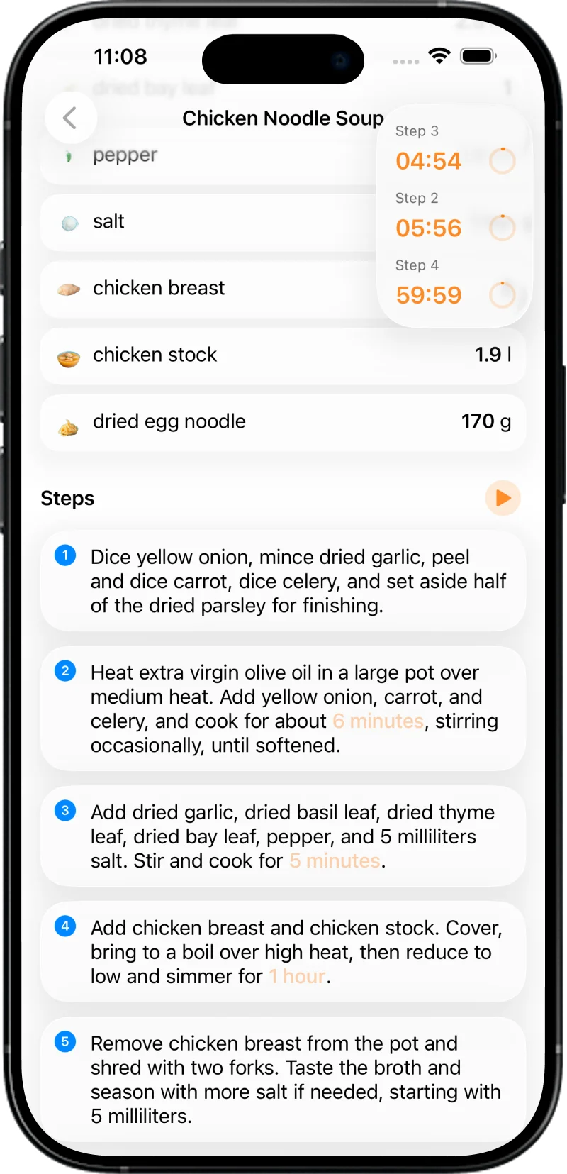 Recipe steps with built-in cooking timers